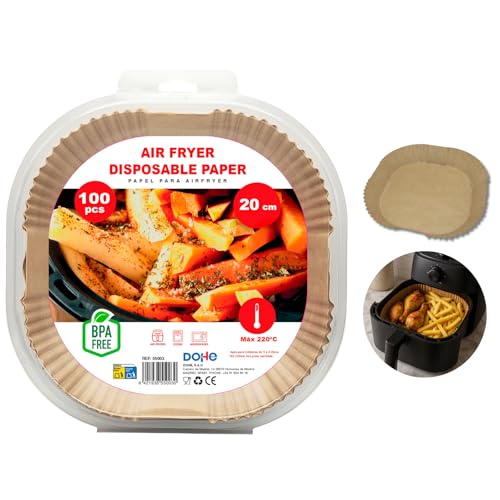 Dohe – Quadratische Airfryer-Papierforme (100 Stück) – Größe 20–24 cm für 5–8 L Heißluftfritteusen, geeignet für Backofen und Mikrowelle, antihaftend, fettabsorbierend, BPA-frei von DOHE