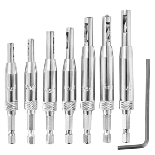 Scharnierbohrer Set,8 Stk,Selbstzentrierende Bohrer Set,Zentrierbohrer,Scharnierbohrer,Positioniert Pilot Loch Holz,für Scharniere Schubladenführungen 7 Größen mit 1 Sechseckig Schraubenschlüssel von DOICAH