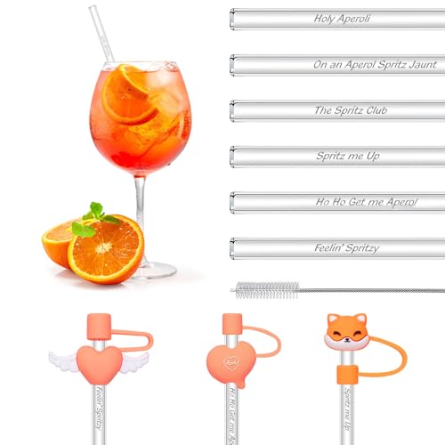 DOINEUFL Aperol Spritz Geschenk Glasstrohhalme - 6 Stück 20cm Wiederverwendbar Lustige Strohhalme＋6 Staubdichte Strohkappen+Reinigungsbürste, Nicht Zerbrechlich, Geeignet für Partys und Geschenke von DOINEUFL