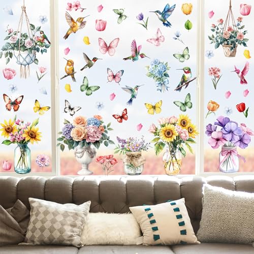 DOINEUFL Fensterbilder Frühling Selbstklebend Deko, Doppelseitig Statischer Fenstersticker - Blumen, Vögel, Schmetterling, Anti-Kollision Fensterfolie Glas Fensterdeko Aufkleber (Blumenkorb) von DOINEUFL