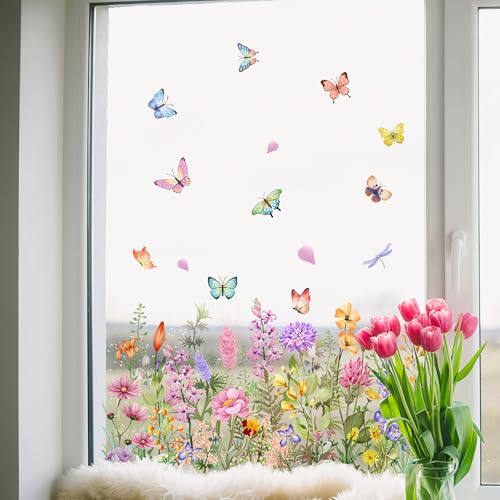 DOINEUFL Fensterbilder Frühling Selbstklebend Deko, Doppelseitig Statischer Fenstersticker - Blumen, Vögel, Schmetterling, Anti-Kollision Fensterfolie Glas Fensterdeko Aufkleber (Schmetterling) von DOINEUFL