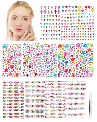 DOINEUFL Glitzersteine Selbstklebend 3228 Stück – 12 Blatt mit Mini-Pinzette – Strasssteine für Kinder, Gesicht, Nägel, Basteln, Glitzer Tattoo Set für Glitzersteine zum Basteln Geschenk Mädchen von DOINEUFL