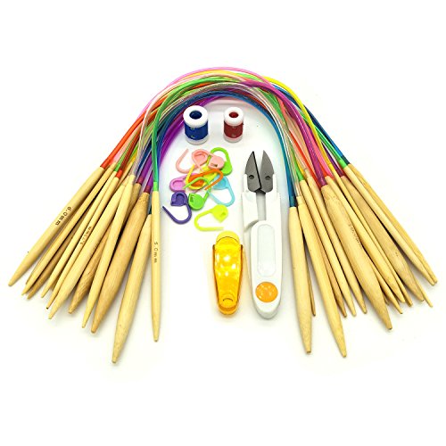 DOITEM 18 Größen Stricknadeln 2.0mm-10.0mm 40cm Bambus Rundstricknadeln mit bunter Schlauch Schere Maschenzähler von DOITEM