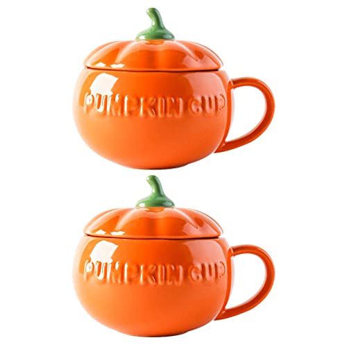 DOITOOL 2Pcs Halloween Kürbis Tassen Geschirr Keramik Kürbis Tassen Kürbis Becher mit Deckel (Orange) von DOITOOL