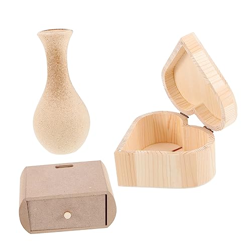 DOITOOL 3 Stück Holz Diy Schmuckboxen Vase Handgefertigte Holzdeko für Sicher und Langlebig für Kreative Bastelprojekte Herz Blumen und Rechteckige Formen von DOITOOL