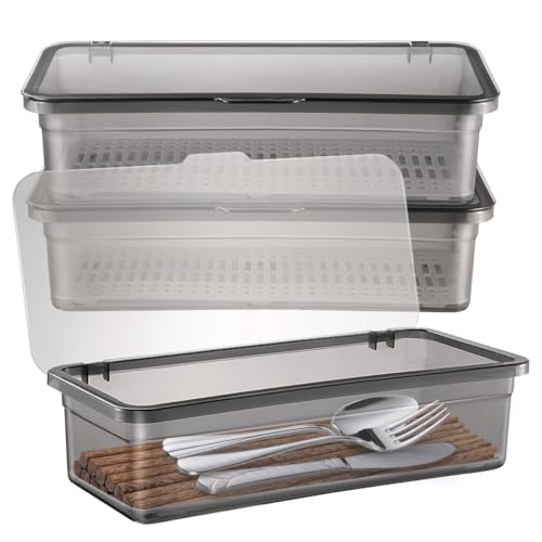 DOITOOL 3-Teiliges Besteckkasten Mit Deckel, Besteckkasten für Schubladen aus Kunststoff Küche Utensilien Besteckschubladen Organizer Besteck Aufbewahrungsbox aus Kunststoff von DOITOOL