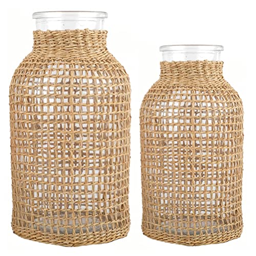 DOITOOL Glas-Blumenvase mit Rattan-Abdeckung Blumenknospen-Vase runde dekorative Blumenvase Blumenbehälter Bauernhaus Blumenflasche für Blumenarrangements Einweihungsparty-Dekor (S+L) von DOITOOL