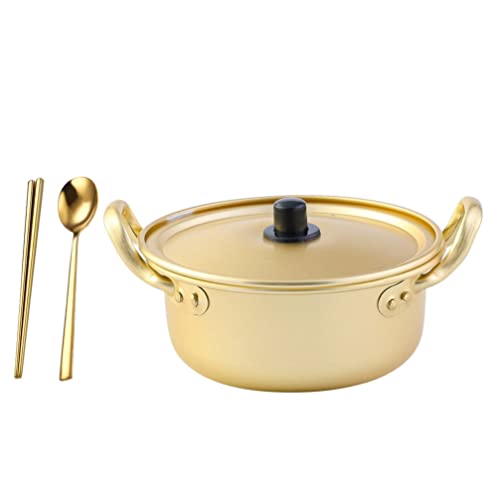 DOITOOL Korean Ramen Pot Ramen- Kocher Aluminium Koreanischer Topf Ramyun Pot mit Deckellöffel Und Essstäbchenkochgeschirr zum Kochen von Suppe Pasta Eintopf Golden 18 cm von DOITOOL