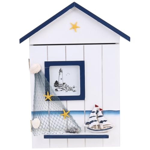 DOITOOL Mediterraner Holz-schlüsselhalter Hausförmig mit Haken Wandmontage Schlüsselbox für Küche Flur Garage Dekoratives Aufbewahrungsorganizer Blaues Haus und Seestern Design von DOITOOL