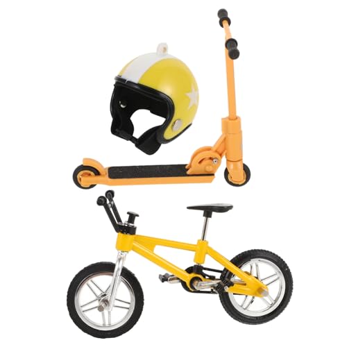 DOITOOL Miniatur Fahrrad Modell mit Roller und Helm Detailgetreues Puppenhaus Zubehör Lebensechte Miniatur Fahrrad Deko für Miniaturhäuser Sammlerstück Gelb von DOITOOL