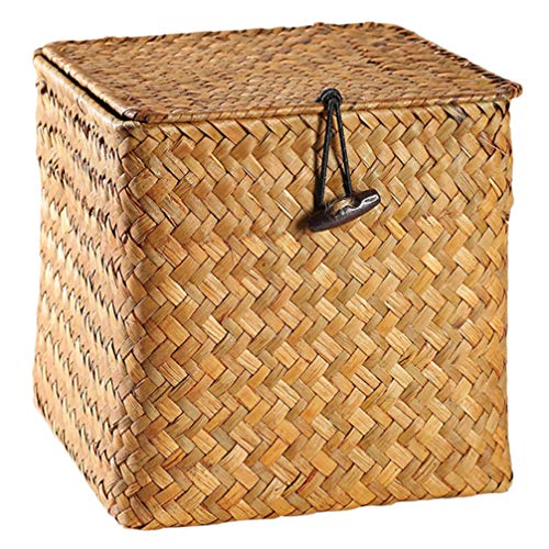 DOITOOL Stroh Rattan Aufbewahrungskorb mit Deckel Quadratischen Korb Aufbewahrungsbehälter Tee Aufbewahrungsbox mit Deckel Organizer Home Dekoration (Mittel) von DOITOOL