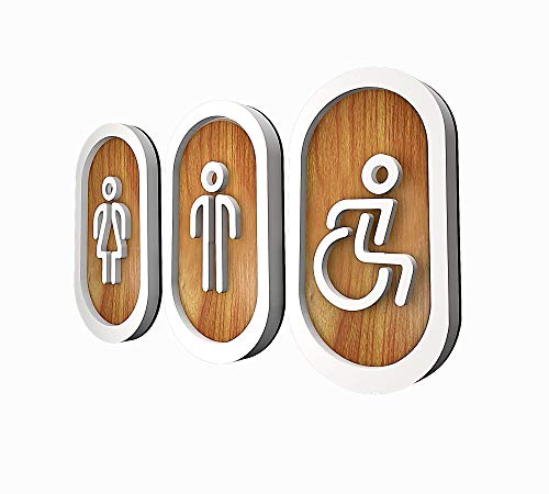 DOJA Barcelona | Toilette Gäste WC Schild Aufkleber | Damen + Herren + Behinderten | Weiß - Holz | 180x100mm Ø | Selbstklebend WC-Tuerschild Mann-Frau Toilettenschild von DOJA Barcelona