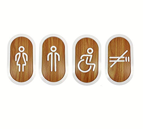DOJA Barcelona | Toilette Gäste WC Schild Aufkleber | Damen + Herren Behinderten + Rauchen | Weiß - Holz | 180x100mm Ø | Selbstklebend WC-Tuerschild Toilettenschild von DOJA Barcelona