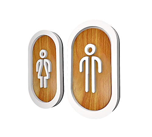 DOJA Barcelona | Toilette Gäste WC Schild Aufkleber | Damen + Herren | Weiß - Holz | 180x100mm Ø | Selbstklebend WC-Tuerschild Mann-Frau Toilettenschild von DOJA Barcelona