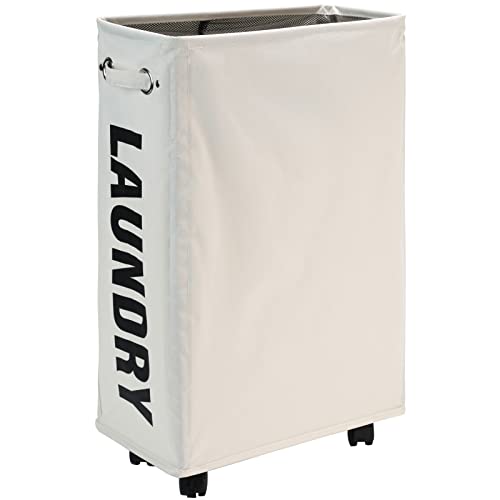 DOKEHOM 25-Inches Slim Wäschekorb auf Rollen, Zusammenklappbarer Rollender Wäschekorb, Faltbare schmale Eckaufbewahrung (Beige) von DOKEHOM