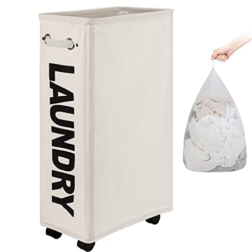 DOKEHOM 29-Inches Enlarged Slim Wäschekorb mit Abnehmbarem Waschbeutel auf Rollen, Zusammenklappbarer Rollender Wäschekorb, Faltbare schmale Eckaufbewahrung (Beige) von DOKEHOM