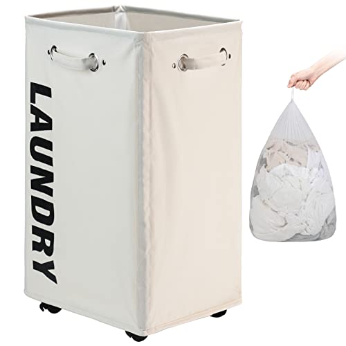 DOKEHOM 29-Inches X-Large Wäschekorb mit Abnehmbarem Waschbeutel auf Rollen, Zusammenklappbarer Rollender Wäschekorb, Faltbarer Kleider-Organizer, Faltbarer Waschbehälter (Beige) von DOKEHOM