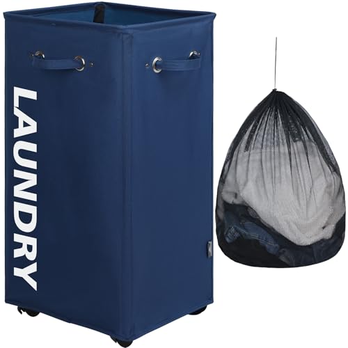 DOKEHOM 29-Inches X-Large Wäschekorb mit Abnehmbarem Waschbeutel auf Rollen, Zusammenklappbarer Rollender Wäschekorb, Faltbarer Kleider-Organizer, Faltbarer Waschbehälter (Dunkelblau) von DOKEHOM