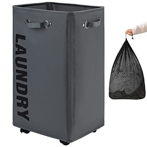 DOKEHOM 29-Inches X-Large Wäschekorb mit Abnehmbarem Waschbeutel auf Rollen, Zusammenklappbarer Rollender Wäschekorb, Faltbarer Kleider-Organizer, Faltbarer Waschbehälter (Dunkelgrau) von DOKEHOM