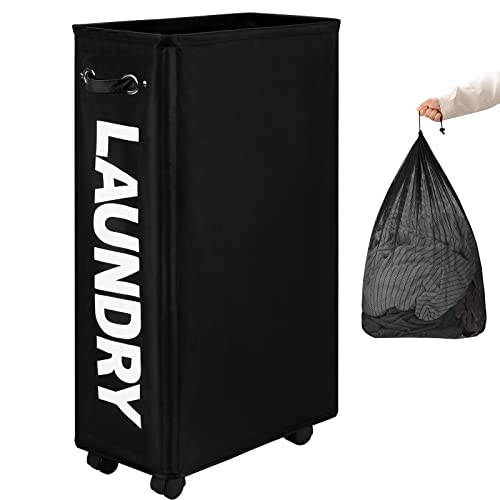DOKEHOM 29-Inches Enlarged Slim Wäschekorb mit Abnehmbarem Waschbeutel auf Rollen, Zusammenklappbarer Rollender Wäschekorb, Faltbare schmale Eckaufbewahrung (Schwarz) von DOKEHOM