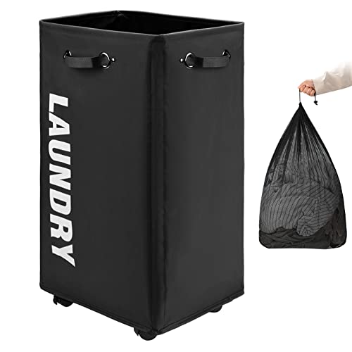 DOKEHOM 29-Inches X-Large Wäschekorb mit Abnehmbarem Waschbeutel auf Rollen, Zusammenklappbarer Rollender Wäschekorb, Faltbarer Kleider-Organizer, Faltbarer Waschbehälter (Schwarz) von DOKEHOM