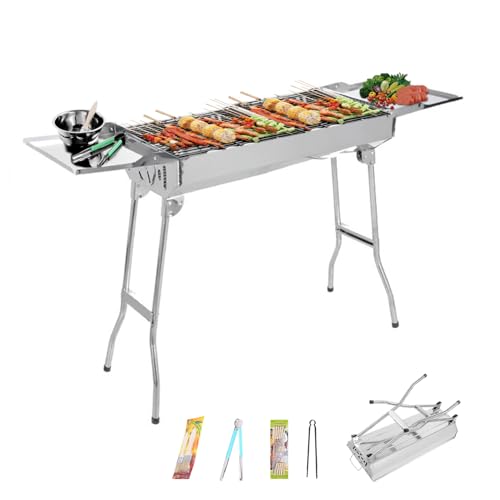 DOKKOME Edelstahl BBQ Holzkohlegrill 121x30x74cm Räuchergrill Faltbar Grill XXL Tragbar Camping Zweilagig Klappgrill 5-10 Personen für Kochen im Freien Camping Wandern Picknick von DOKKOME