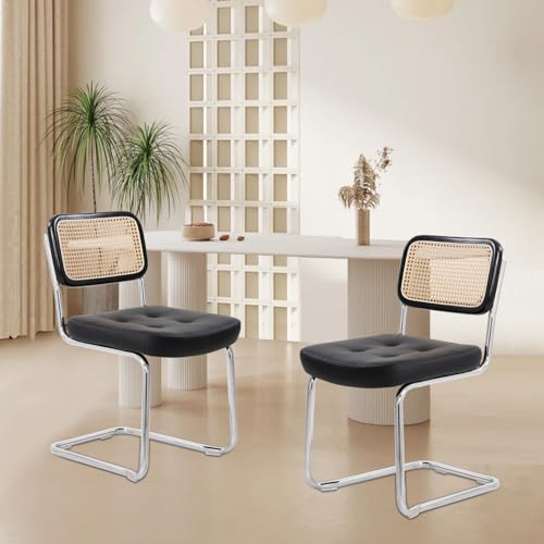 DOKKOME Rattan Esszimmerstühle 2er Set freischwinger Stühle Schwingstuhl Vintage Polsterstuhl Eiche Rückenlehnen aus Leinen mit Holzbeine Holz für Esszimmer/Wohnzimmer (Schwarz) von DOKKOME