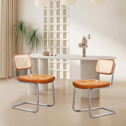 DOKKOME Rattan Esszimmerstühle 2er Set freischwinger Stühle Schwingstuhl Vintage Polsterstuhl aus Leinen mit Holzbeine Holz für Esszimmer/Wohnzimmer (Ledebraun) von DOKKOME