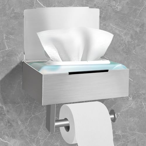 DOKKOME Toilettenpapierhalter Klopapierhalter Ohne Bohren Klorollenhalter Rollenhalter Toilet Paper Holder mit Feuchttücherbox Ablage für Badezimmer Selbstklebend Oder Bohren Silber Neu von DOKKOME
