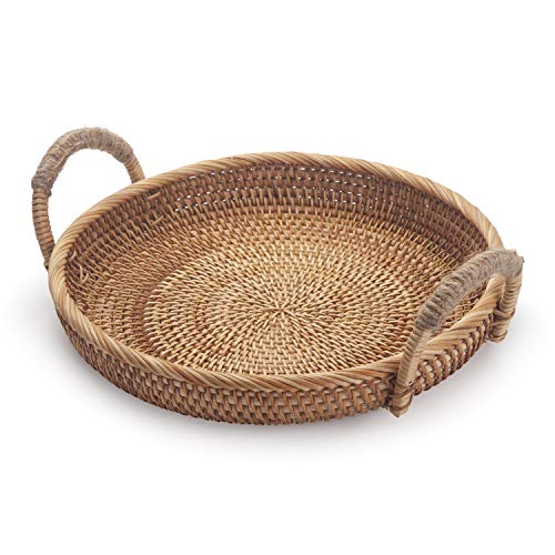 Natürlich Rattan Obstkörbe Gewebte Brotkorb Weidenkorb mit Henkel zum Servieren von Speisen, Crackern, Gebäck, Snacks (28cm D x 4.5cm H) von DOKOT