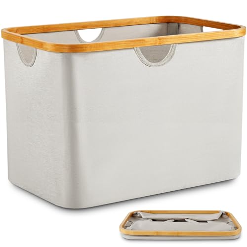 DOKRVLOQ Faltbarer Wäschekorb 68L Hellgrau Stoff Bambus Faltbar Wäschewanne Klappbar Korb Aufbewahrung Flach Wäschesammler Collapsible Foldable Laundry Basket von DOKRVLOQ