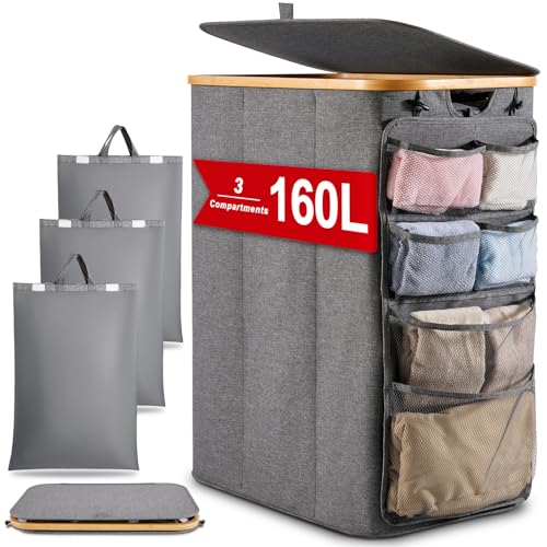 DOKRVLOQ Wäschesammler Wäschekorb 3 Fächer mit Deckel 160L Upgrade Hängeorganizer Wäschesortierer Groß Laundry Baskets Faltbarer Wäschekörbe Bambus Stoff Wäschebox für Schmutzwäsche WäSchetonne Grau von DOKRVLOQ