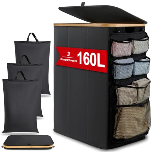 DOKRVLOQ Wäschesammler Wäschekorb 3 Fächer mit Deckel 160L Upgrade Hängeorganizer Wäschesortierer Groß Laundry Basket Faltbarer Wäschekörbe Bambus Stoff Wäschebox für Schmutzwäsche WäSchetonne Schwarz von DOKRVLOQ