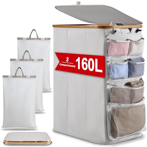 DOKRVLOQ Wäschesammler Wäschekorb 3 Fächer mit Deckel 160L Upgrade Hängeorganizer Wäschesortierer Groß Laundry Baskets Faltbarer Wäschekörbe Bambus Wäschebox für Schmutzwäsche WäSchetonne Hellgrau von DOKRVLOQ