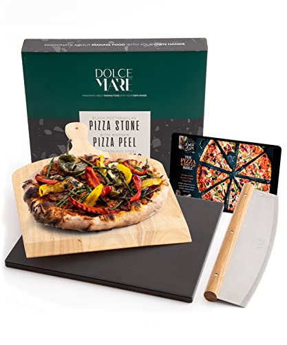 DOLCE MARE Pizzastein schwarz im Set inkl. Holz-Pizzaschieber & Pizzaschneider - Backstein aus hochwertigem Cordierit für Backofen & Grill - Backstein für knusprige Pizza wie beim Italiener von DOLCE MARE