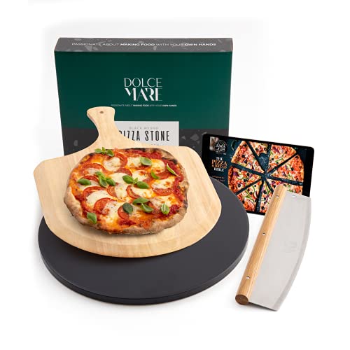 DOLCE MARE Pizzastein schwarz & rund im Set inkl. Holz-Pizzaschieber & Pizzaschneider - Backstein aus hochwertigem Cordierit für Backofen & Grill - Backstein für knusprige, italienische Pizza von DOLCE MARE