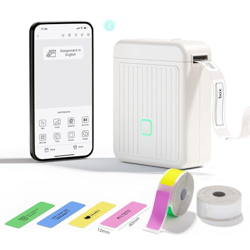 DOLEWA Etikettendrucker mit wasserdichte Etiketten Selbstklebend(12 * 40mm),Bluetooth Beschriftungsgerät Tragbarer Etikettiergerät 2000mAh Kompatibel mit iOS&Android für Home-School-Büro (Weiß) von DOLEWA