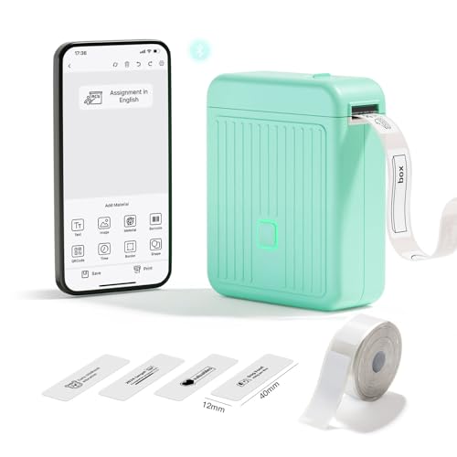 Etikettendrucker mit Wasserdichte Etiketten Selbstklebend(12mm*40mm), Bluetooth Beschriftungsgerät Tragbarer Etikettiergerät 2000 mAh Label Printer Kompatibel mit iOS und Android für Home-School-Büro von DOLEWA