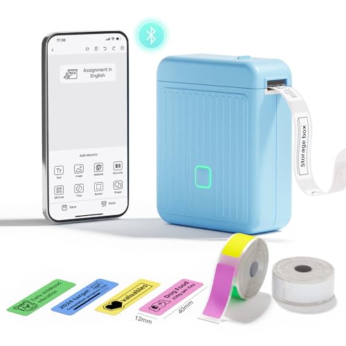 Etikettendrucker mit Wasserdichte Etiketten Selbstklebend(12mm*40mm), Bluetooth Beschriftungsgerät Tragbarer Etikettiergerät 2000 mAh Label Printer Kompatibel mit iOS und Android für Home-School-Büro von DOLEWA