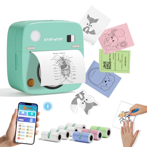LX-D2 Mini Drucker, Tragbarer Thermodrucker, Bluetooth-Aufkleberdrucker mit 8 Rollen Aufklebern, kompatibel mit Smartphones und Tablets zum Lernen, Bilder, Quittungen, to-Do-Listen (Grüne Kamera) von DOLEWA