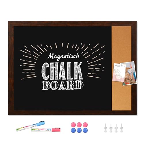 DOLLAR BOSS Magnetische Kreidetafel und Korkplatte Combo, 57 x 90 cm Bulletin Board Magnetische Kreidetafel für die Wand, rustikaler brauner Rahmen, 2 Marker, 6 Magnete, 4 Pushpins von DOLLAR BOSS