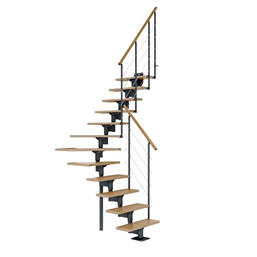 DOLLE Mittelholmtreppe - 11 Stufen - Geschosshöhe 228 – 300 cm - ¼-gewendelt - Stufen Eiche, lackiert - Unterkonstruktion: Anthrazit (RAL 7016) - volle Stufen 70 cm - inkl. Geländer - Nebentreppe von DOLLE