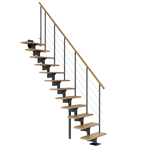 DOLLE Mittelholmtreppe - 11 Stufen - Geschosshöhe 228 – 300 cm - Geradelaufend - Stufen Eiche, lackiert - Unterkonstruktion: Anthrazit (RAL 7016) - volle Stufen 70 cm - inkl. Geländer - Nebentreppe von DOLLE