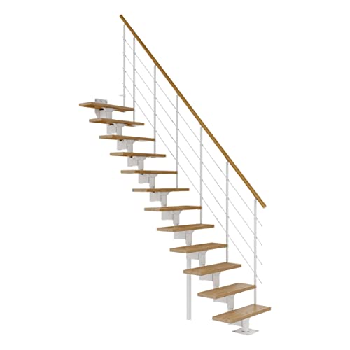 DOLLE Mittelholmtreppe - 11 Stufen - Geschosshöhe 228 – 300 cm - Geradelaufend - Stufen Eiche, lackiert - Unterkonstruktion: Weiß (RAL 9016) - volle Stufen 70 cm - inkl. Geländer - Nebentreppe von DOLLE