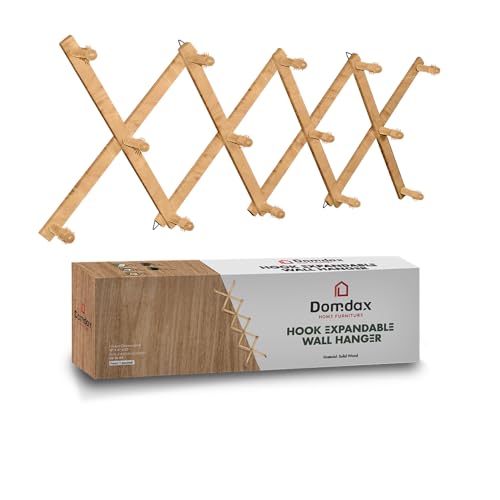 DOMDAX Premium Akkordeon-Garderobenleiste - 14 rutschfeste Wäscheklammern, erweiterbar & elegant - Wandaufhänger aus Holz für Mäntel, Hüte, Schals, Tassen & mehr (Natur) von DOMDAX