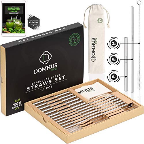 DOMHUS® Premium Edelstahl Strohhalme Wiederverwendbar Set 12er Ungiftig Trinkhalme | 100% Plastikfrei | Aufforstungsprojekt Partner | 12 Metall Strohhalme + 2 Reinigungsbürsten + Stoffbeutel + Ebook von DOMHUS