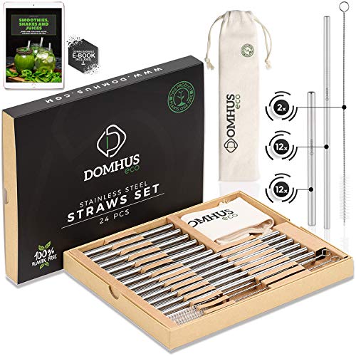 DOMHUS® Premium Edelstahl Strohhalme Wiederverwendbar Set 24er Ungiftig Trinkhalme | 100% Plastikfrei | Aufforstungsprojekt Partner | 24 Metall Strohhalme + 2 Reinigungsbürsten + Stoffbeutel + Ebook von DOMHUS