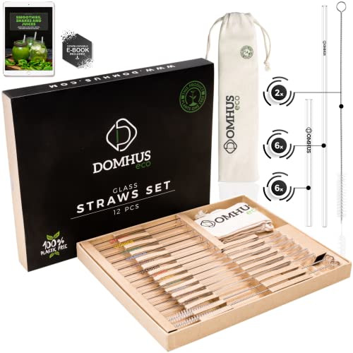 DOMHUS Glasstrohalme Wiederverwendbar Glas Strohhalme 12 pcs | 100% Plastickfrei | 6 glasstrohalme kurz, 6 lange trinkhalme glas, 2 Reinigungsbürsten, Stoffbeutel, Ebook | Aufforstungsprojekt von DOMHUS
