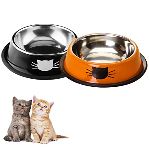 DOMI PRO Katzennäpfe Katzenschüssel Set, 2 Stück rutschfeste Katzennapf aus Edelstahl, Fressnapf Katze Wasserschale, Katzennapf erhöht Näpfe und Tränken für Haustier（Schwarz + Orange） von DOMI PRO