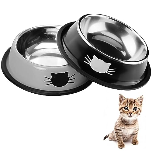 DOMI PRO Katzennapf Katzenschüssel Set, 2 Stück, Rutschfester Futternapf aus Edelstahl, Fressnapf Katze Wasserschale, Katzennapf erhöht Näpfe und Tränken für Haustier（Schwarz + Grau） von DOMI PRO